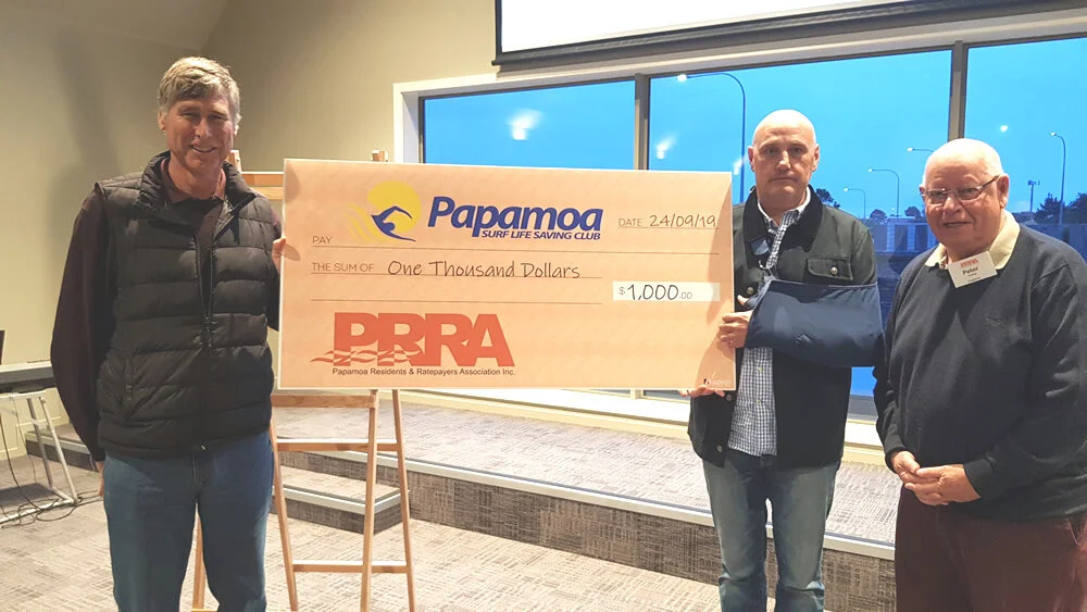 The Prra donated $1000.00 to the new clubrooms building project. 14 October 2019 PAPAMOA SURF LIFESAVING CLUB Philip brown ANDREW HITCHFIELD PETER pOWLEY
