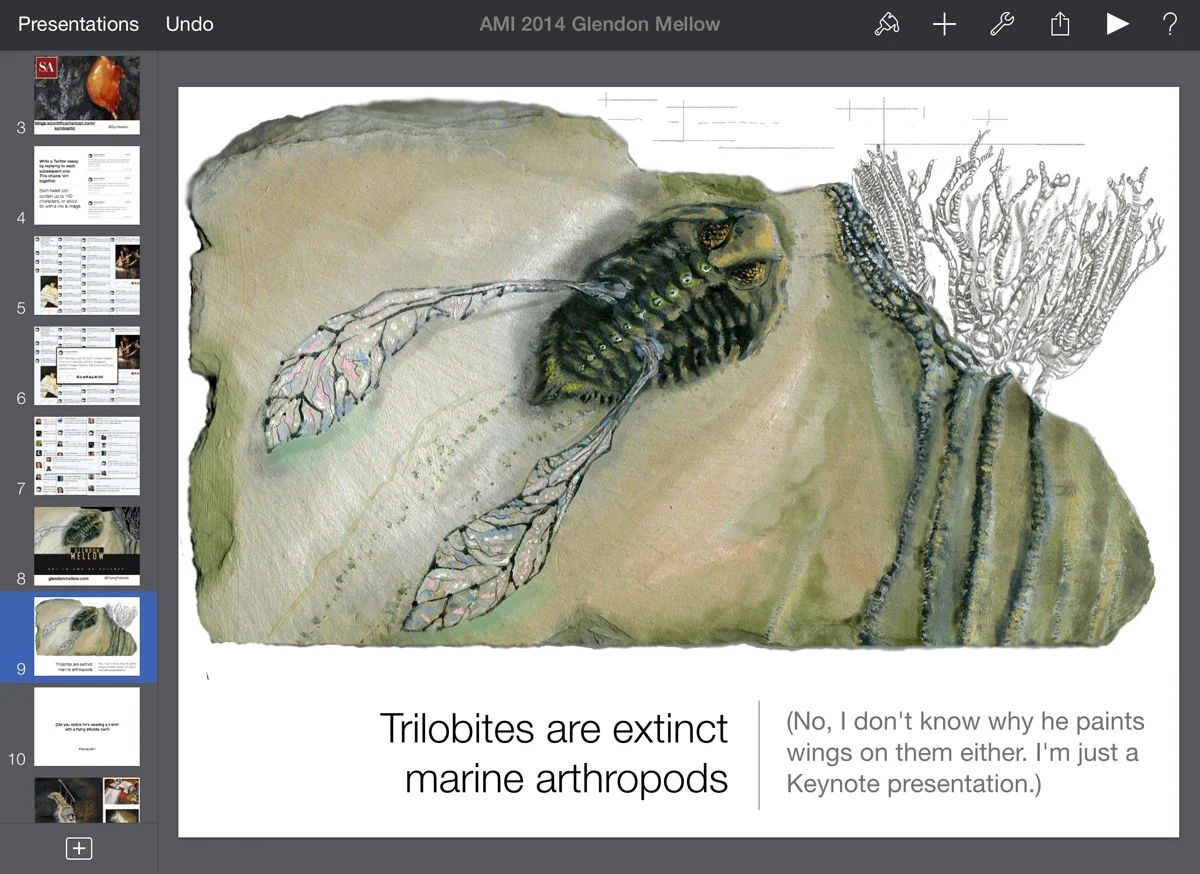 One of my first slides, showing a flying trilobite painting. I let descriptive blurbs on the slides tell the jokes for me. © Glendon Mellow.