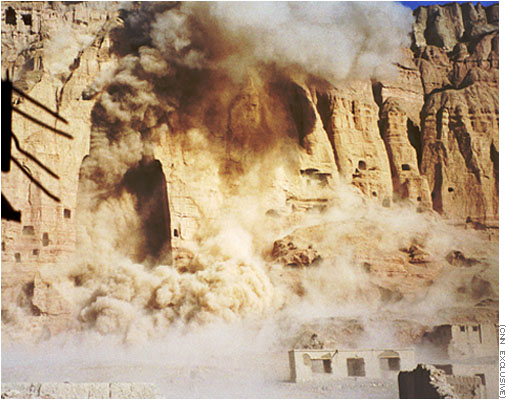 March 21, 2001, the Buddhas were blown up by the Taliban. Image from Wikimedia, originally from CNN.