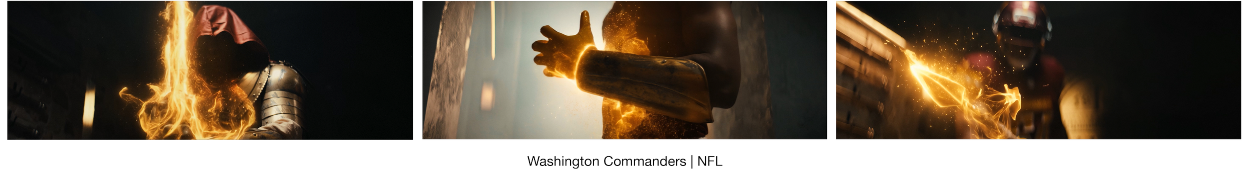 Three images showing a football player in a costume with a fire effect on the arm, performing a fiery stunt on the field.