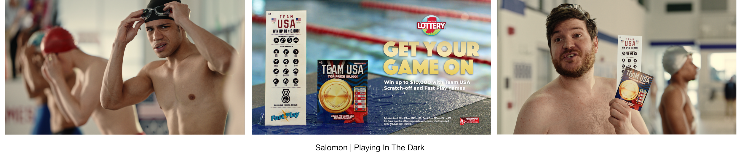 A collage of three images from an indoor swimming pool. The left shows a male swimmer adjusting goggles, with other swimmers blurred in the background. The center features lottery scratch-off tickets and a sign promoting the lottery with text about winning up to $10,000 and the game "Team USA." The right shows a man holding a lottery ticket and talking, with swimmers in swim caps and goggles in the background.
