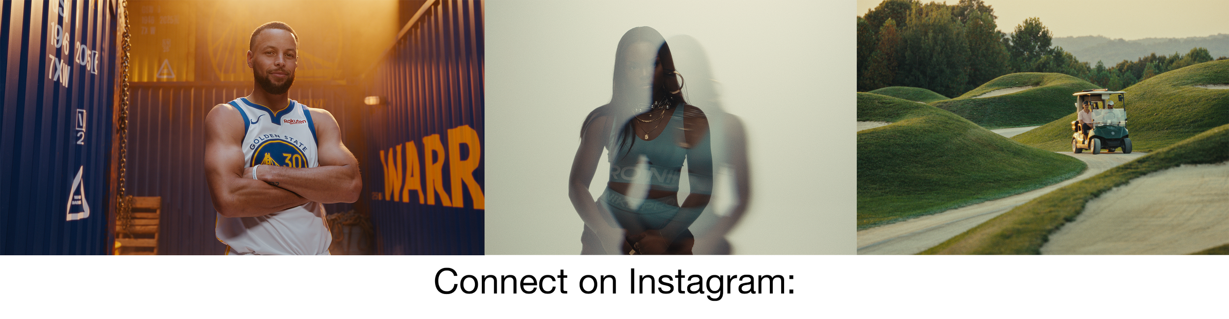 A collage of three photos: a male athlete in a Golden State Warriors jersey, a woman in athletic wear behind a glass, and a golf course with a person in a golf cart.