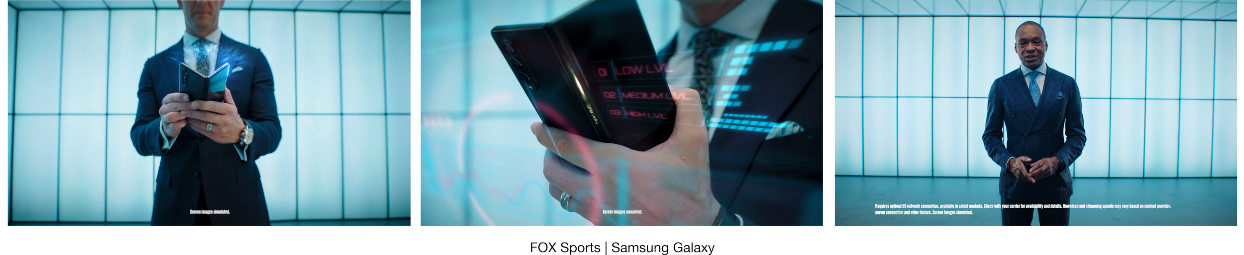 Three images of a man in a suit using electronic devices in a modern setting with a grid of illuminated panels in the background.