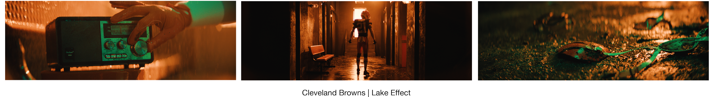 Three images: the first shows a person's hand adjusting a radio in a dimly lit environment; the second depicts an American football player walking through a hallway with wet floors and orange lighting; the third displays a muddy baseball glove and ball on the ground with a green ribbon.