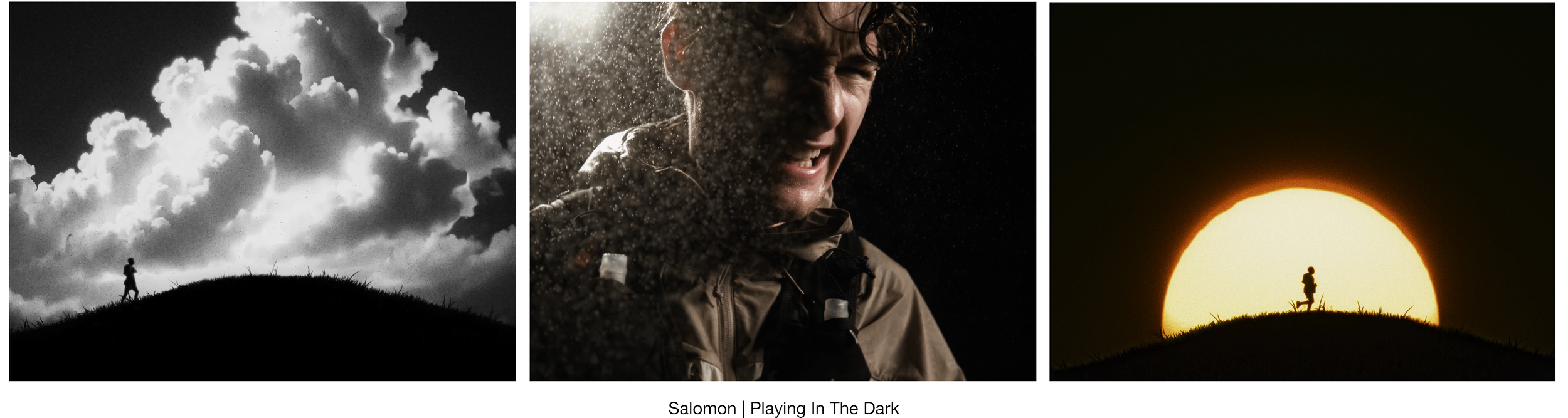 A composite image with three sections. The first section shows a silhouette of a person running on a hill against a cloudy sky in black and white. The middle section features a person smiling and splashing water or snow on their face in the dark, with water particles illuminated around them. The third section depicts a person running on a hill silhouetted against a large, glowing sunset or sunrise.