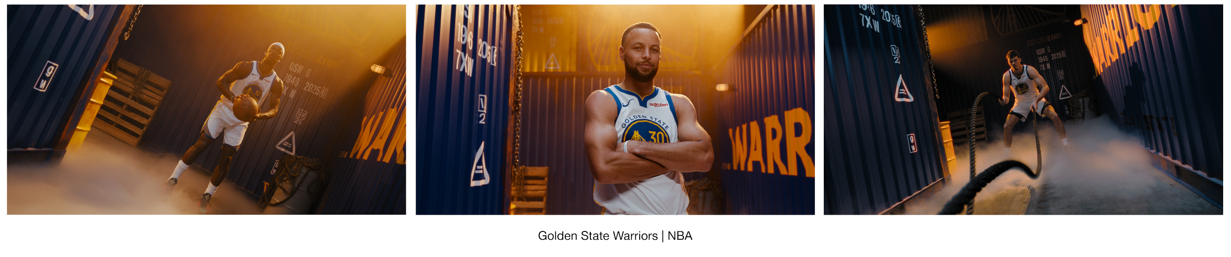 Three photos of Golden State Warriors basketball players. The first shows a player dribbling a basketball in a storage unit with fog and wooden pallets. The second is a portrait of a player with arms crossed, standing in front of a storage container. The third depicts a player performing a sled push in a similar storage unit, with fog and battle ropes.