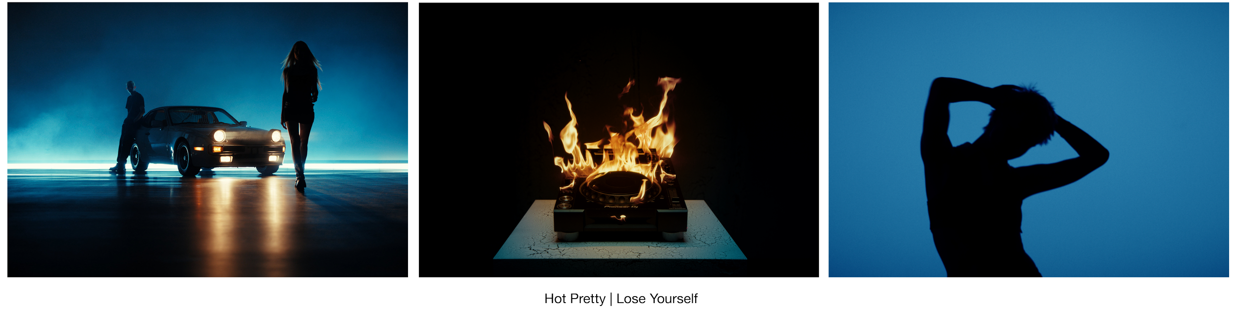 Triptych of images: first shows a woman walking in front of a sports car with neon lighting; second depicts a burning turntable on fire against a dark background; third features a silhouette of a woman with hair and hands in her hair against a blue background.