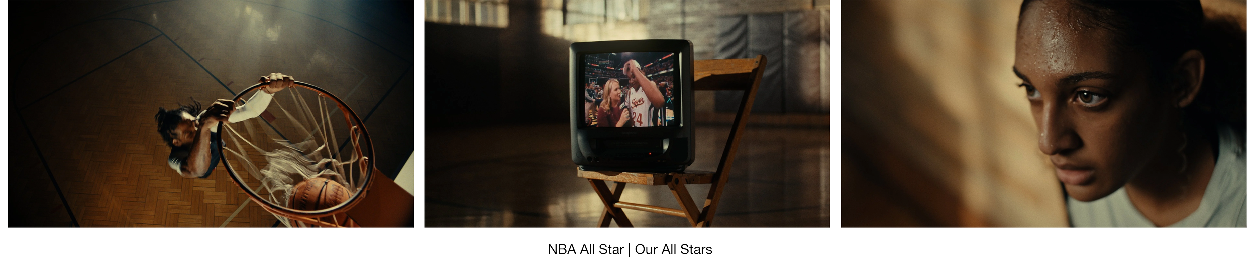 Left: A person dunking a basketball into a hoop during a game. Middle: A vintage TV displaying a basketball game with fans. Right: A young woman's intense close-up face, sweat on her skin.