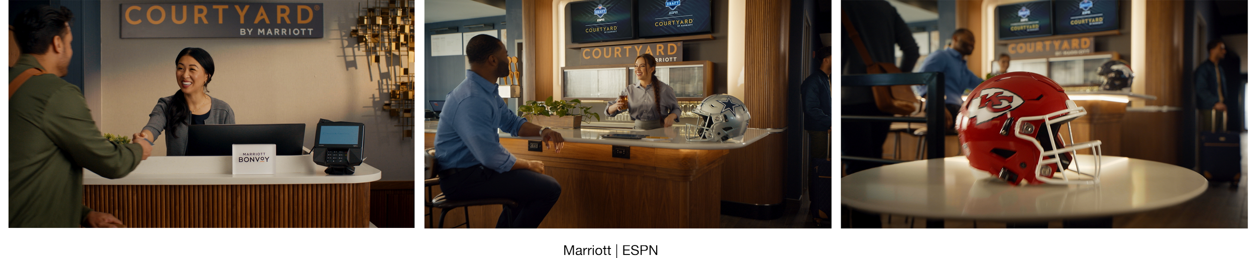 Inside a Marriott Courtyard hotel with staff and guests. The first image shows a woman at the check-in counter with a guest shaking hands. The second image features a man sitting at a bar with a woman serving drinks and NFL helmets displayed on the counter. The third image shows a table with a Kansas City Chiefs football helmet, with people and the hotel lobby in the background.