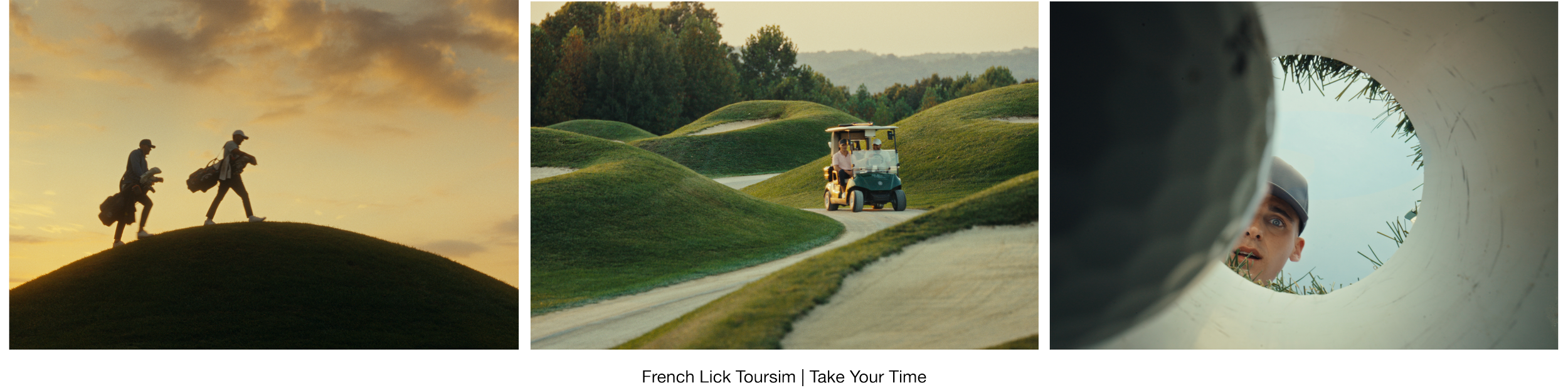 Three separate scenes related to golf tourism: two people hiking with golf bags at sunrise or sunset, a golf cart driving through a hilly golf course, and a person looking down a large golf tee with a playful expression.
