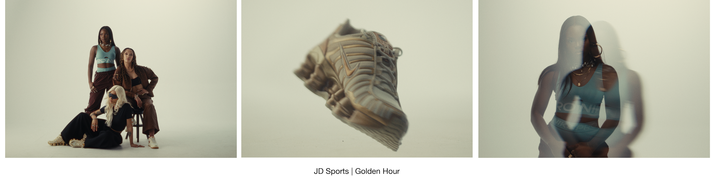 Three women posing in athletic poses with a plain backdrop, a Nike sneaker suspended in mid-air, and a woman wearing athletic wear behind glass.