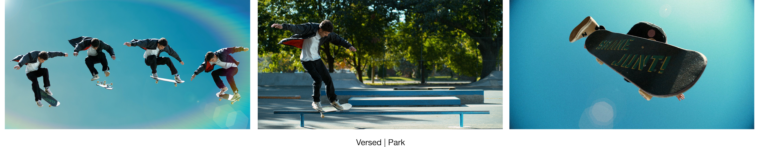 A collage of three images showing skateboarding activities at Versailles Park. The first image captures a sequence of a skateboarder in mid-air performing a trick against a bright sky with a rainbow lens flare. The second image shows a skateboarder attempting a trick on a rail at a park surrounded by trees. The third image features a skateboard in mid-air against a clear blue sky.
