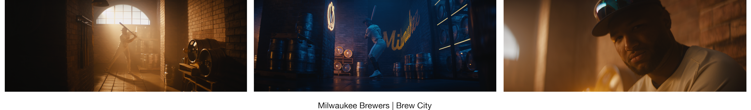 Three images. The first shows a woman playing baseball in an indoor setting with sunlight coming through a window. The second shows a person in a sports bar or brewery near beer barrels with Milwaukee Brewers branding. The third shows a man wearing a baseball cap with the back facing the camera, sitting in an indoor setting with warm lighting.