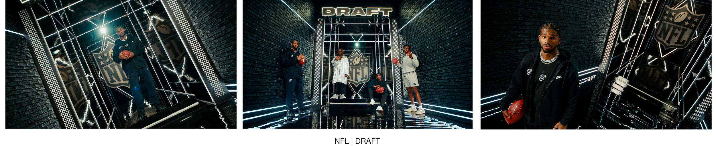 Three football players posing with NFL footballs in a futuristic, neon-lit setting with the NFL draft sign and logo.
