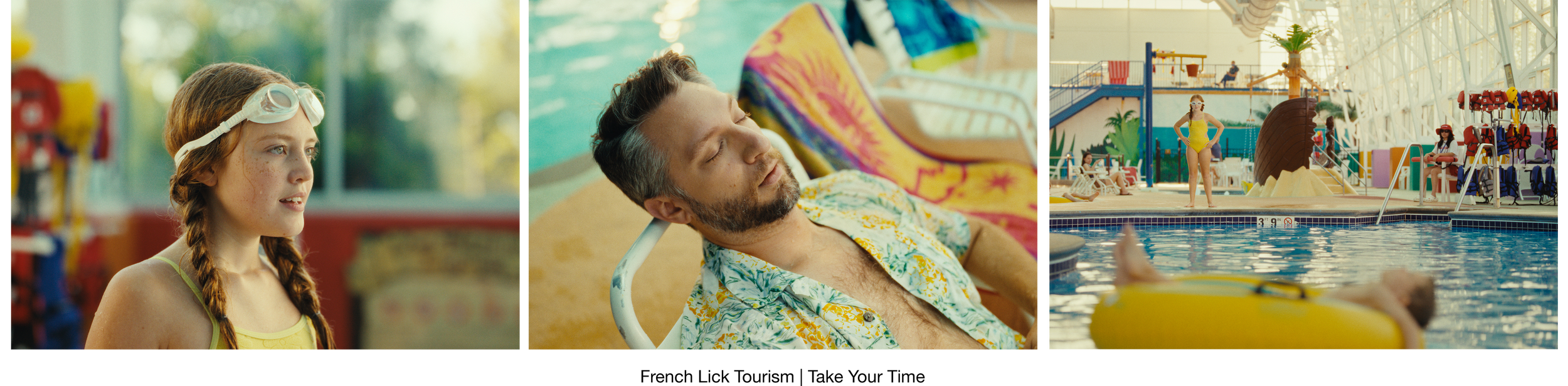 A young girl with goggles on her forehead, a man sleeping on a lounge chair with a colorful towel, and a woman in a yellow swimsuit standing by an indoor swimming pool with people swimming and sitting around.
