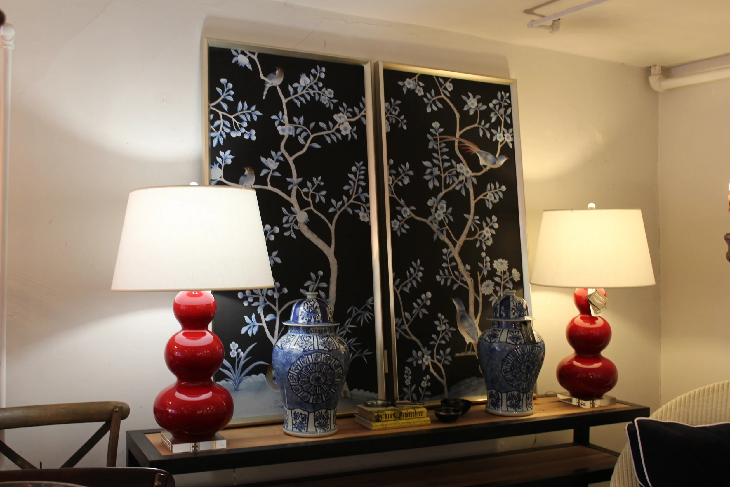 NIGHT GARDEN HAND PAINTED SILK PANELS and MEDALLION TEMPLE JARS