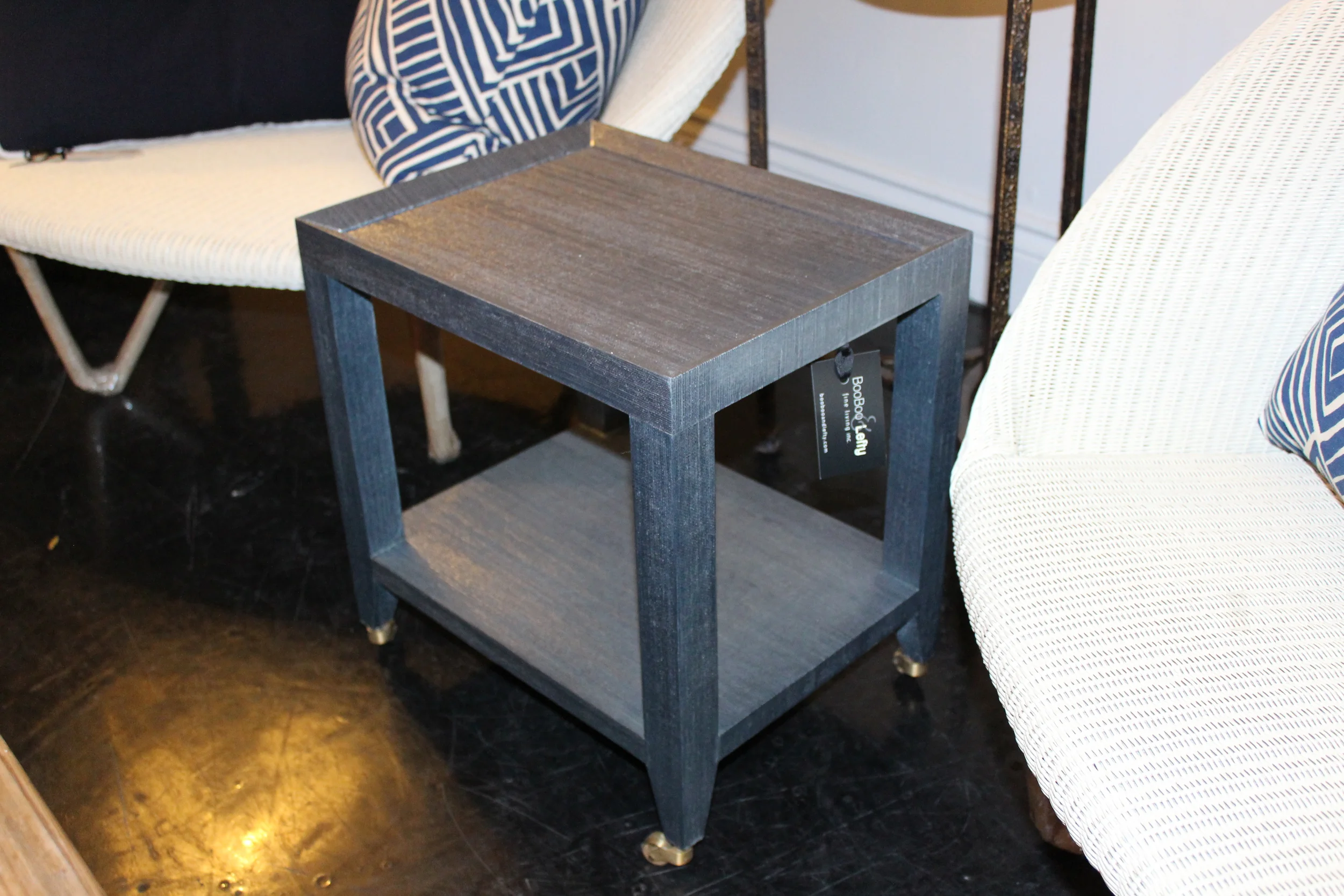 BLUE GRASSCLOTH TEA TABLE