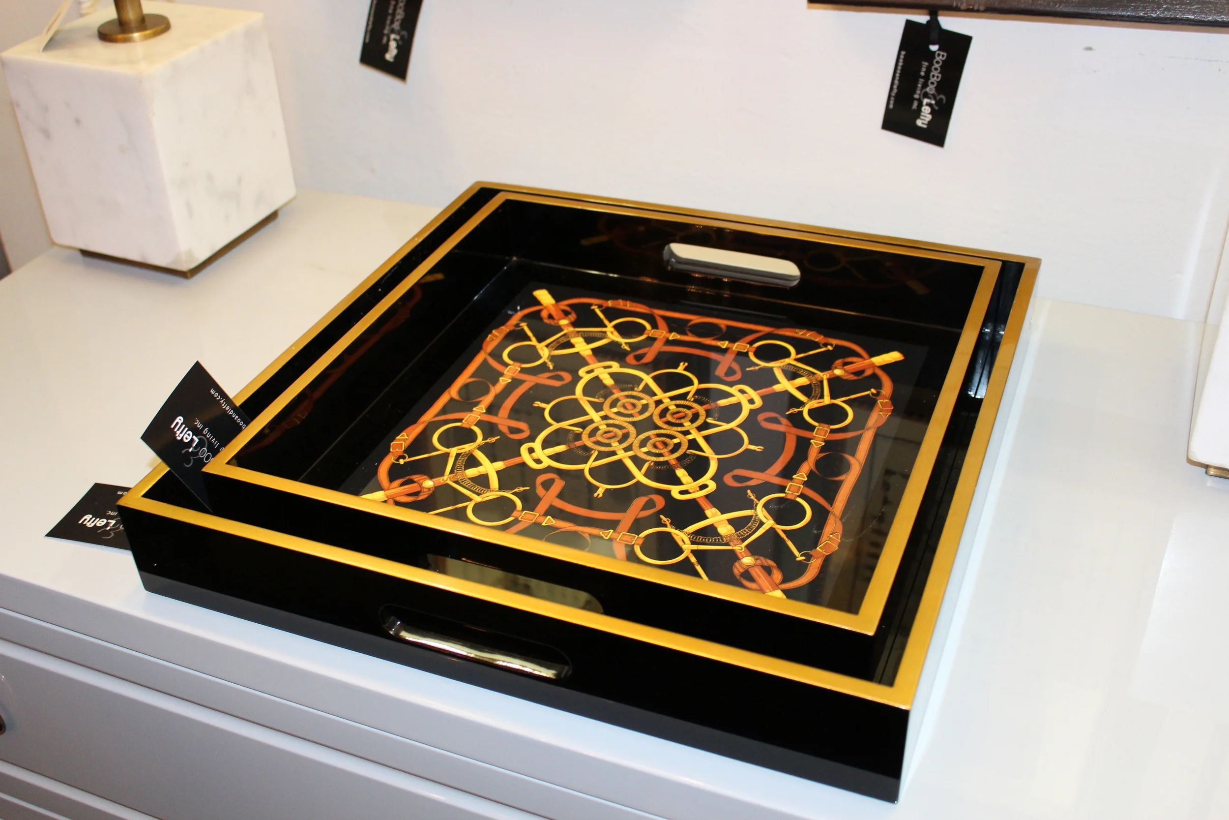SMALL AND LARGE BLACK LACQUER DRESSAGE TRAYS