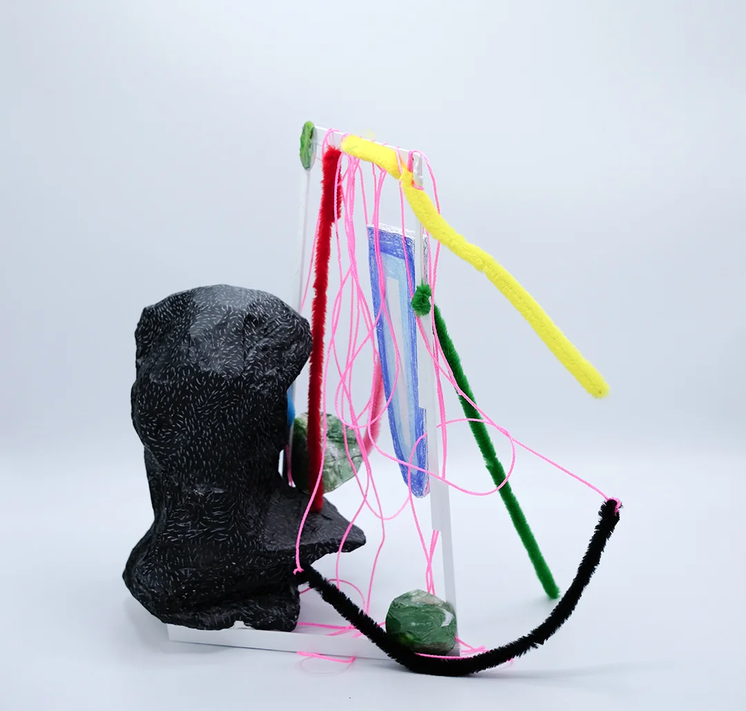 Pretty Discreet, plaster, brass, paper clay, acrylic, nylon, pipe cleaner, 16"x14"x6" 2018