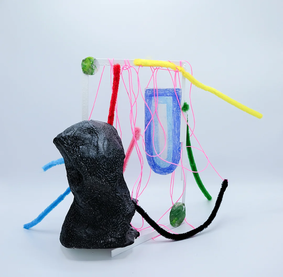Pretty Discreet, plaster, brass, paper clay, acrylic, nylon, pipe cleaner, 16"x14"x6" 2018