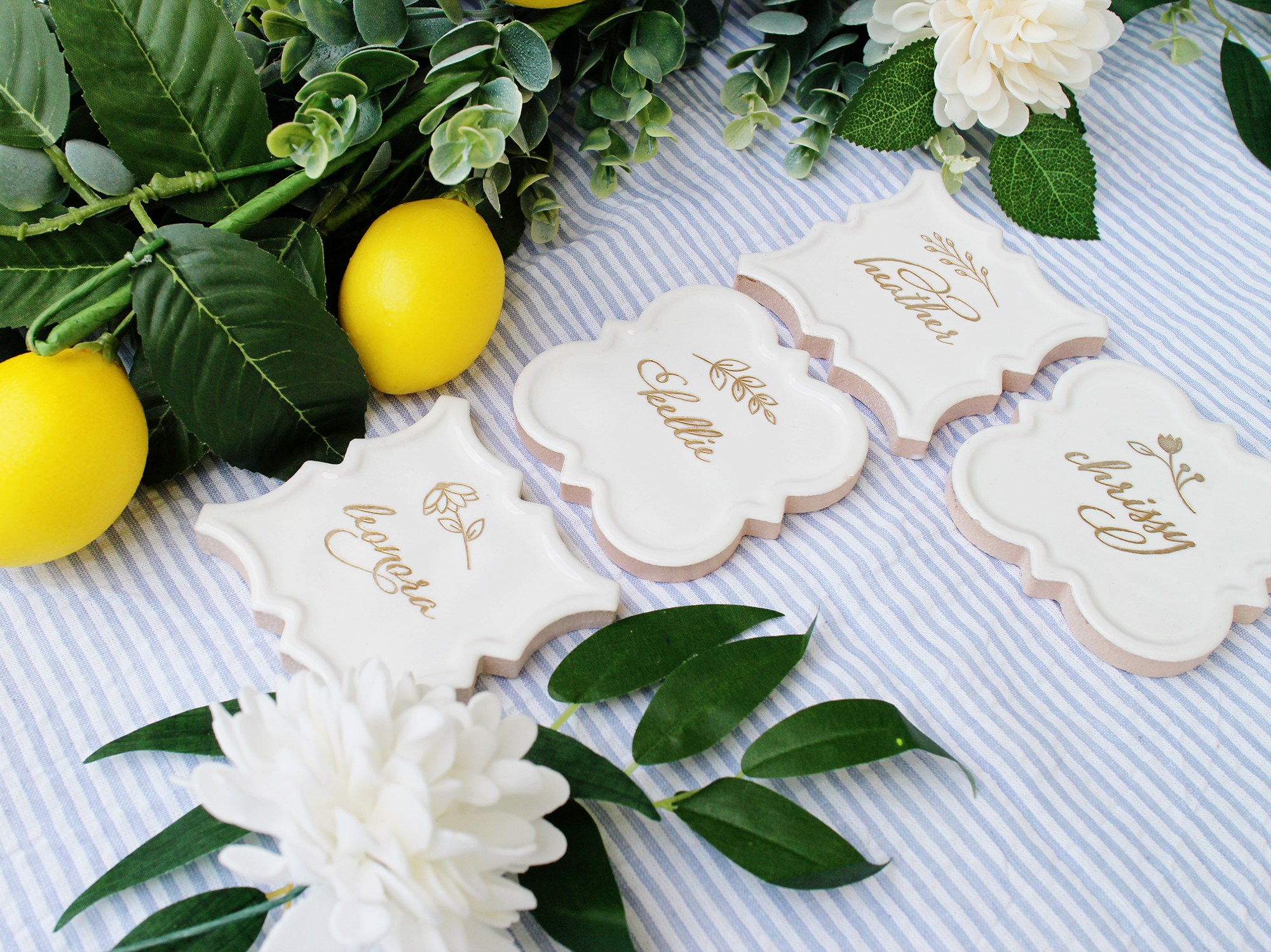 beautiful preppy seersucker southern tile name tags white and gold place card escort card seating chart boho wedding boho bridal shower yellow heart art etsy.jpg