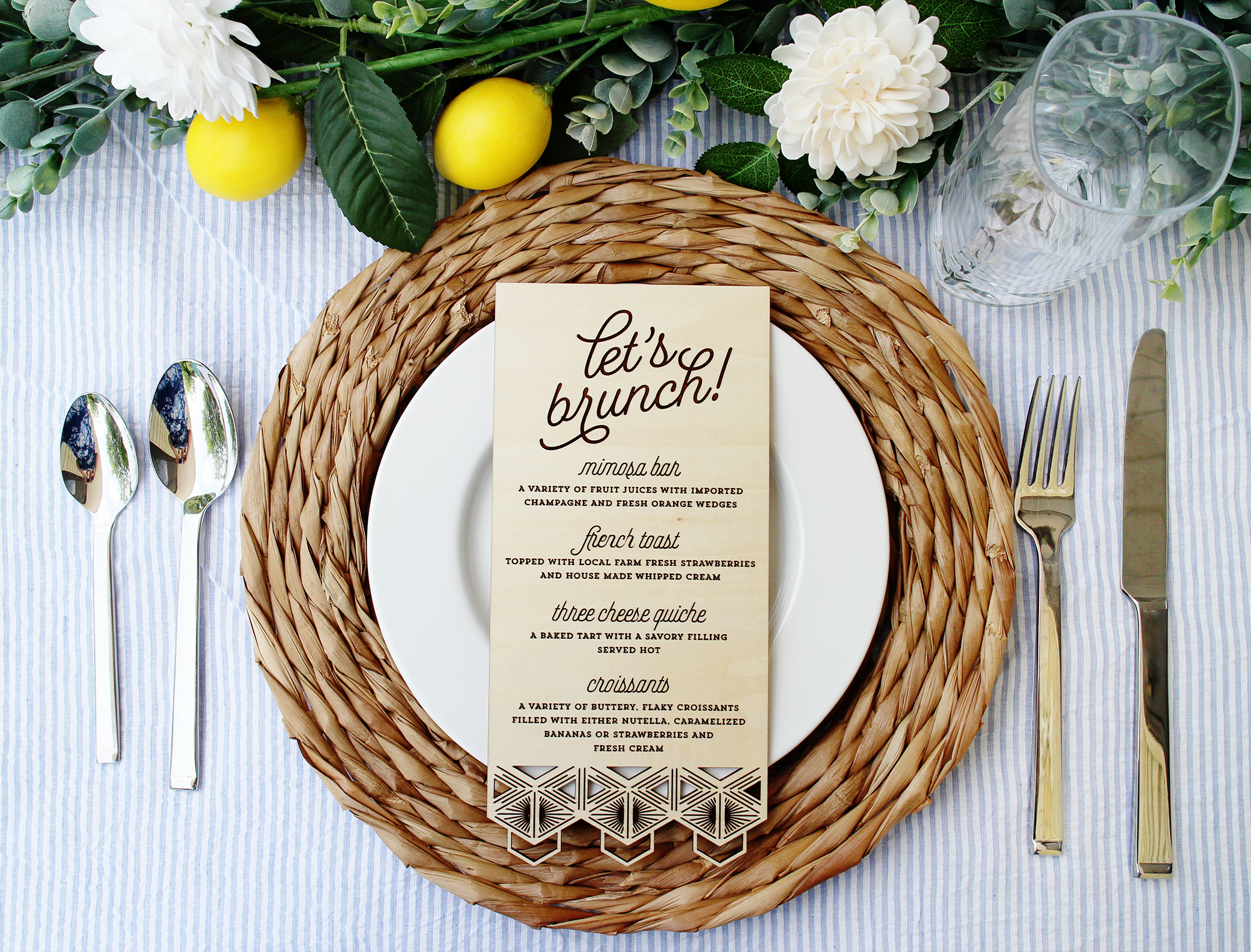 unique Wooden Laser Cut Menu preppy seersucker wedding bohemian ratan Yellow Heart Art etsy.jpg