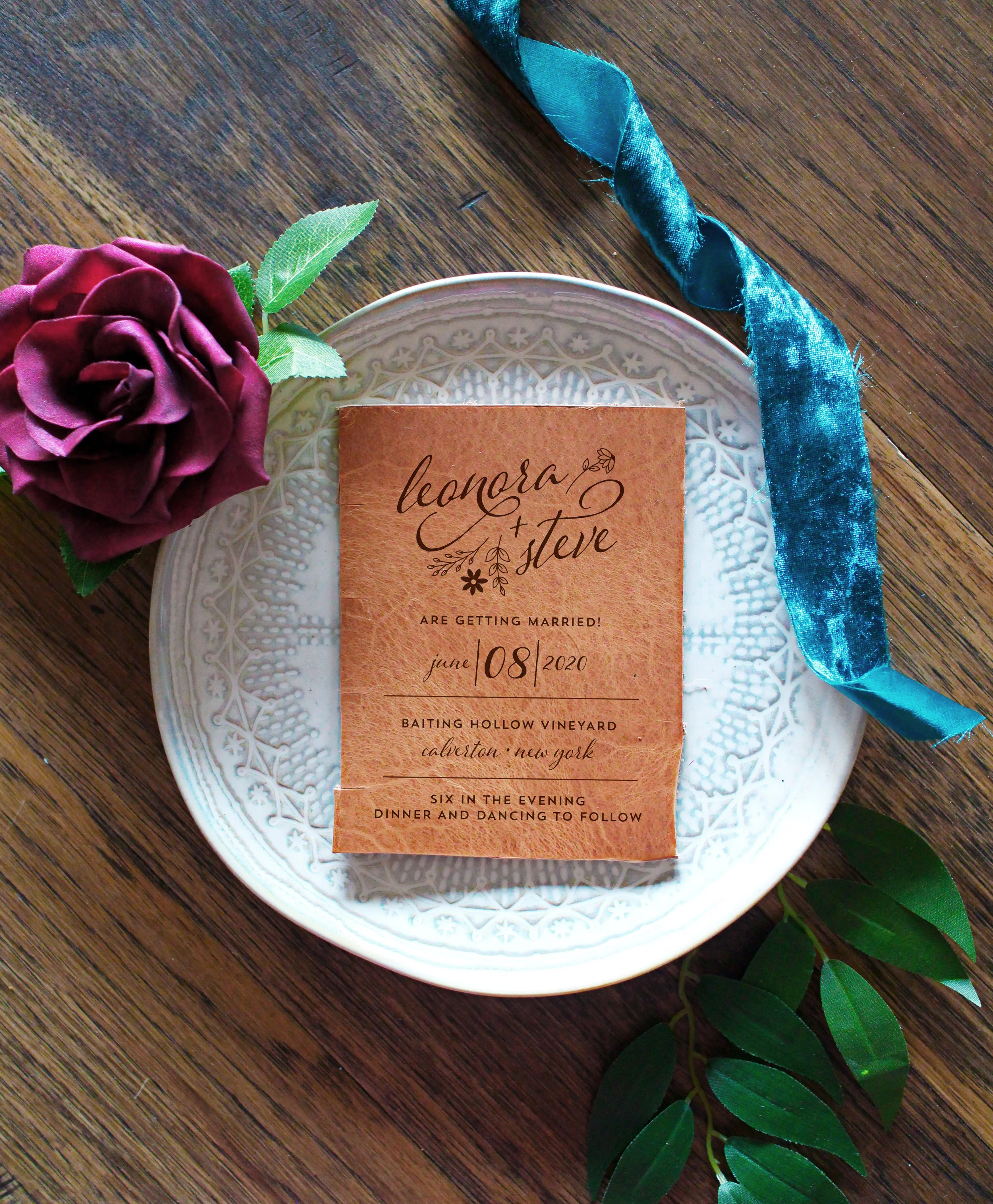 leather engrave wedding invitation