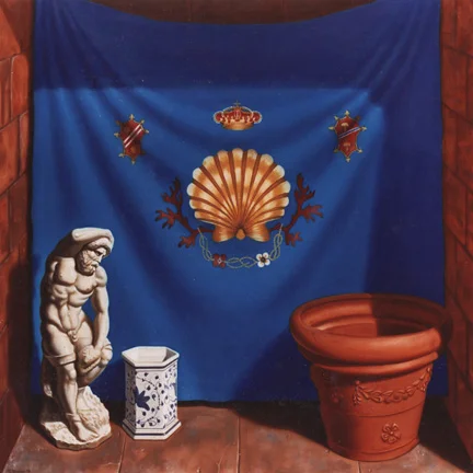 Tromp-l'oeil panel painting w/ flag of Sienna, oils