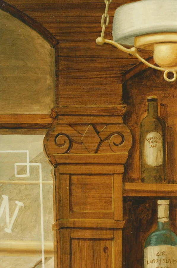 Detail from Victorian Bar mural, acrylic woodgraining
