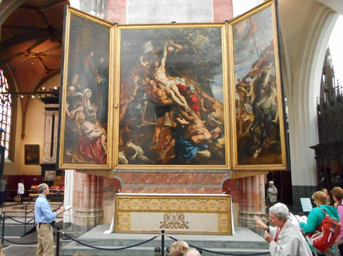 'RAISING OF THE CROSS' by RUBENS, 15' X 11' NOT INCLUDING SIDE PANELS, OIL ON WOOD (C.Vanbeveren)