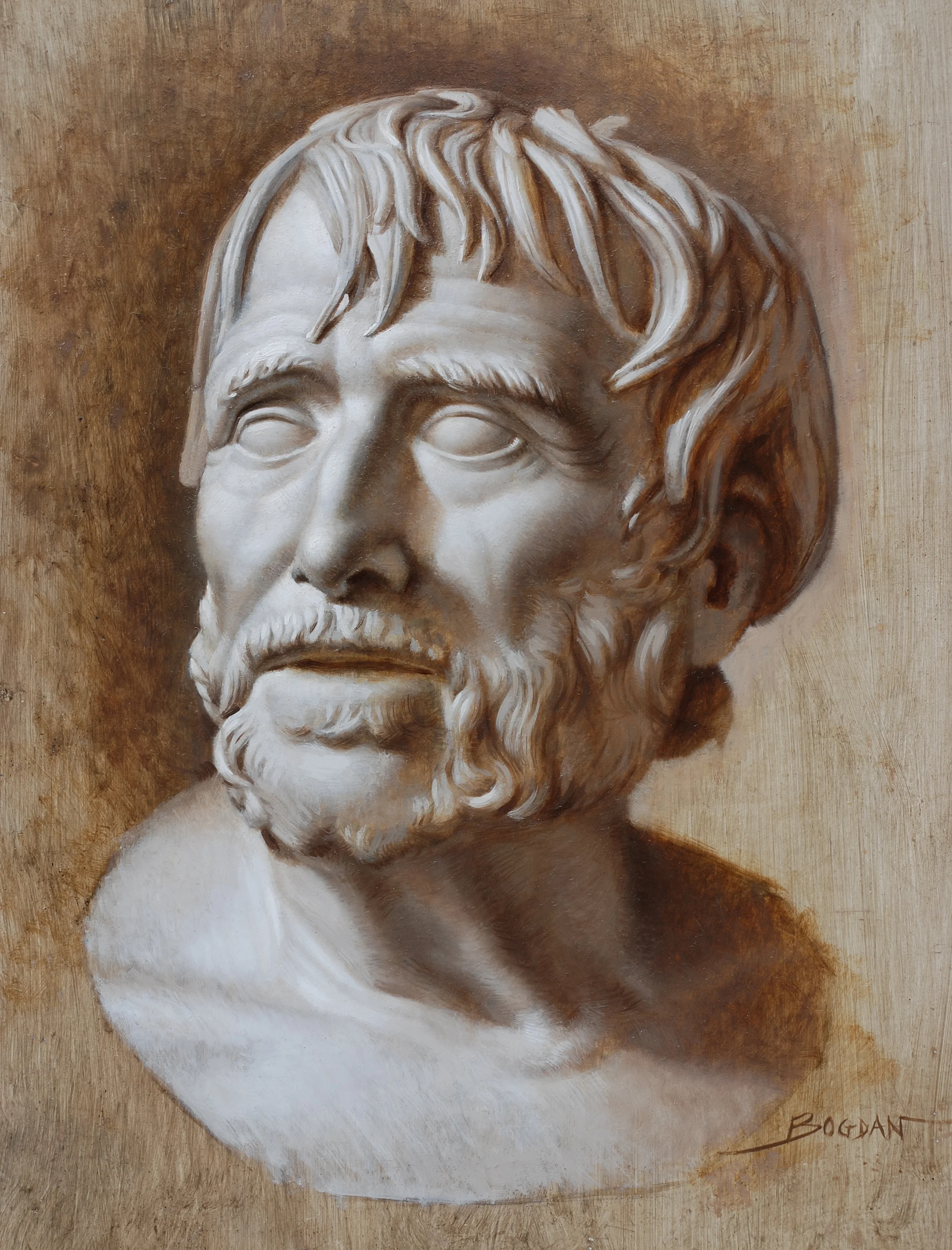 Seneca, 15"x12" Oil on Panel, painted from custom made cast. Derived from Hellenistic bronze at Arch. Museum at Naples, Italy. (private collection)