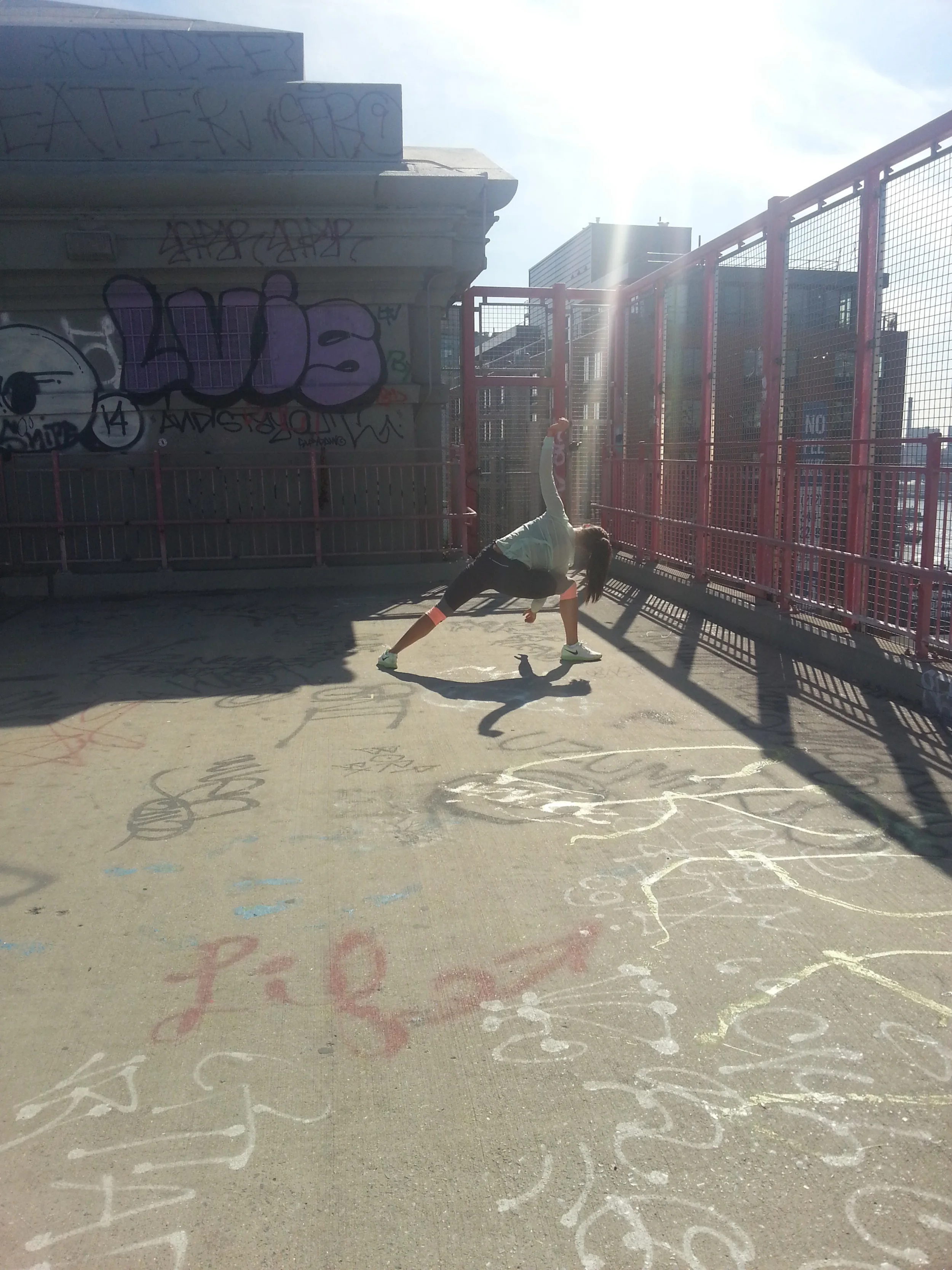 "Look what I can do when there are no tourists around!" Impromptu yoga session on the span of the Williamsburg Bridge