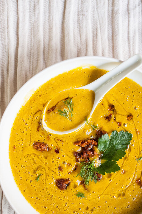 Sweet Potato &amp; Orange Herbed Soup with Spicy Sausage