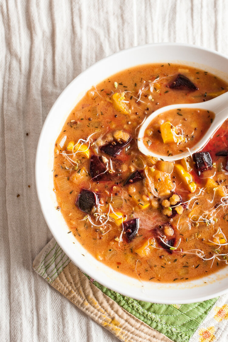 Spiced Lentil Soup with Roasted Beets and Delicata Squash