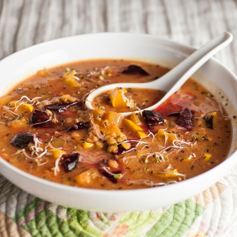 Spiced Lentil Soup with Roasted Beets &amp; Delicata Squash