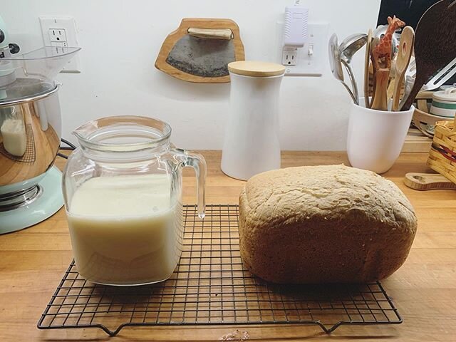 Homemade soy milk and  homemade whole wheat oat/miller bread. It&rsquo;s harder to get stuff accomplished now with a 3 year old and a newborn but we be doing&rsquo; it! #whatveganseat #veganhomemade