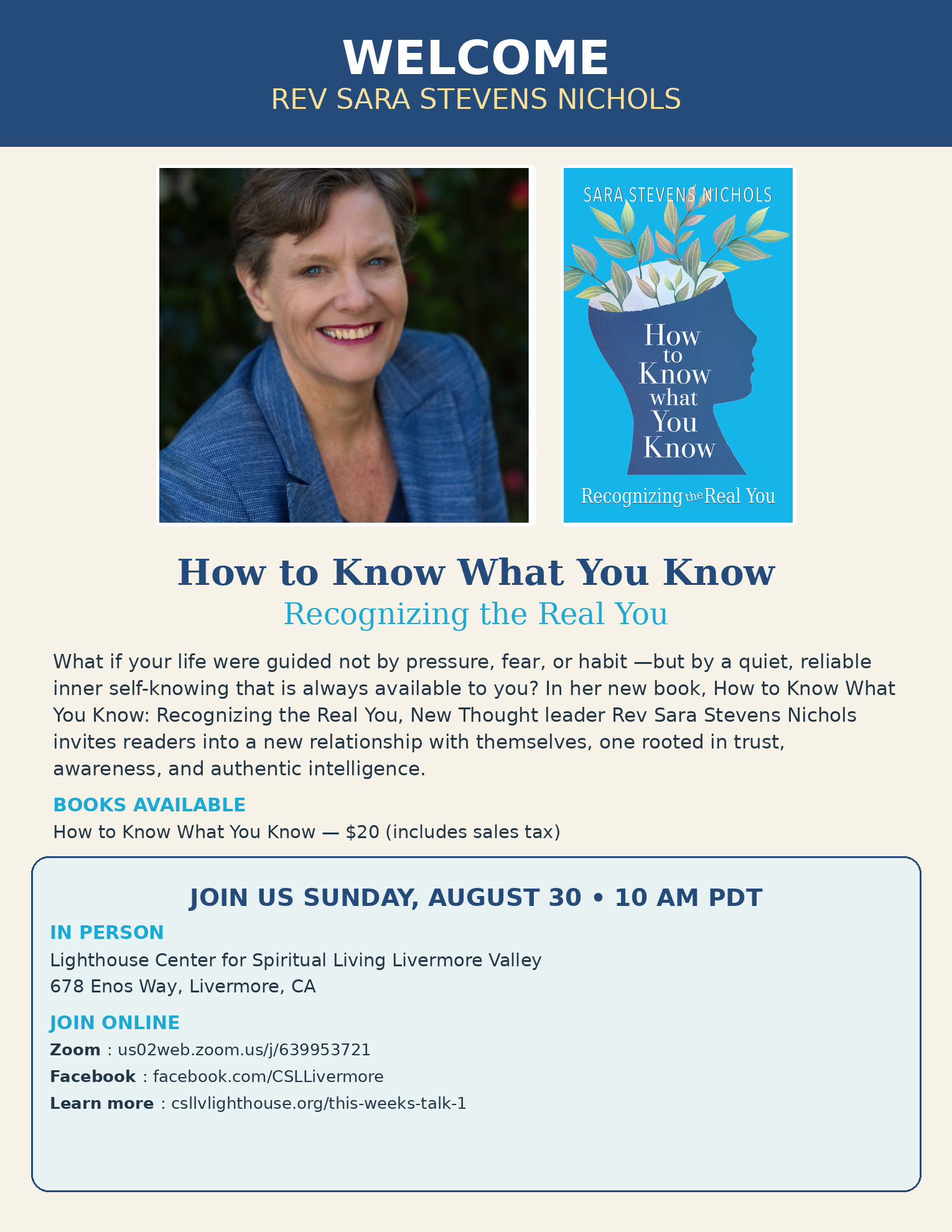 Sunday August 30th, Rev. Sara Stevens Nichols
