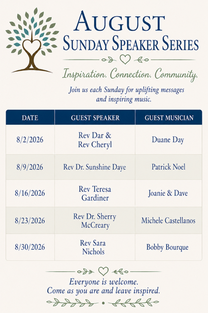 August Sunday Speakers and Musicians