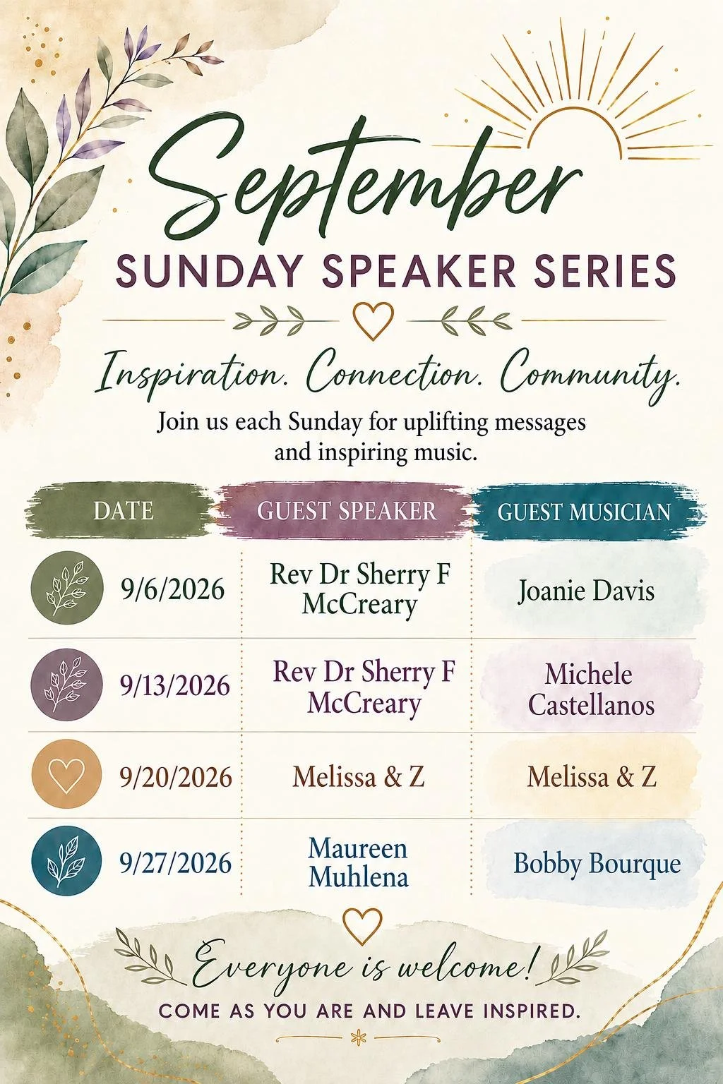 September Guest Speakers & Musicians