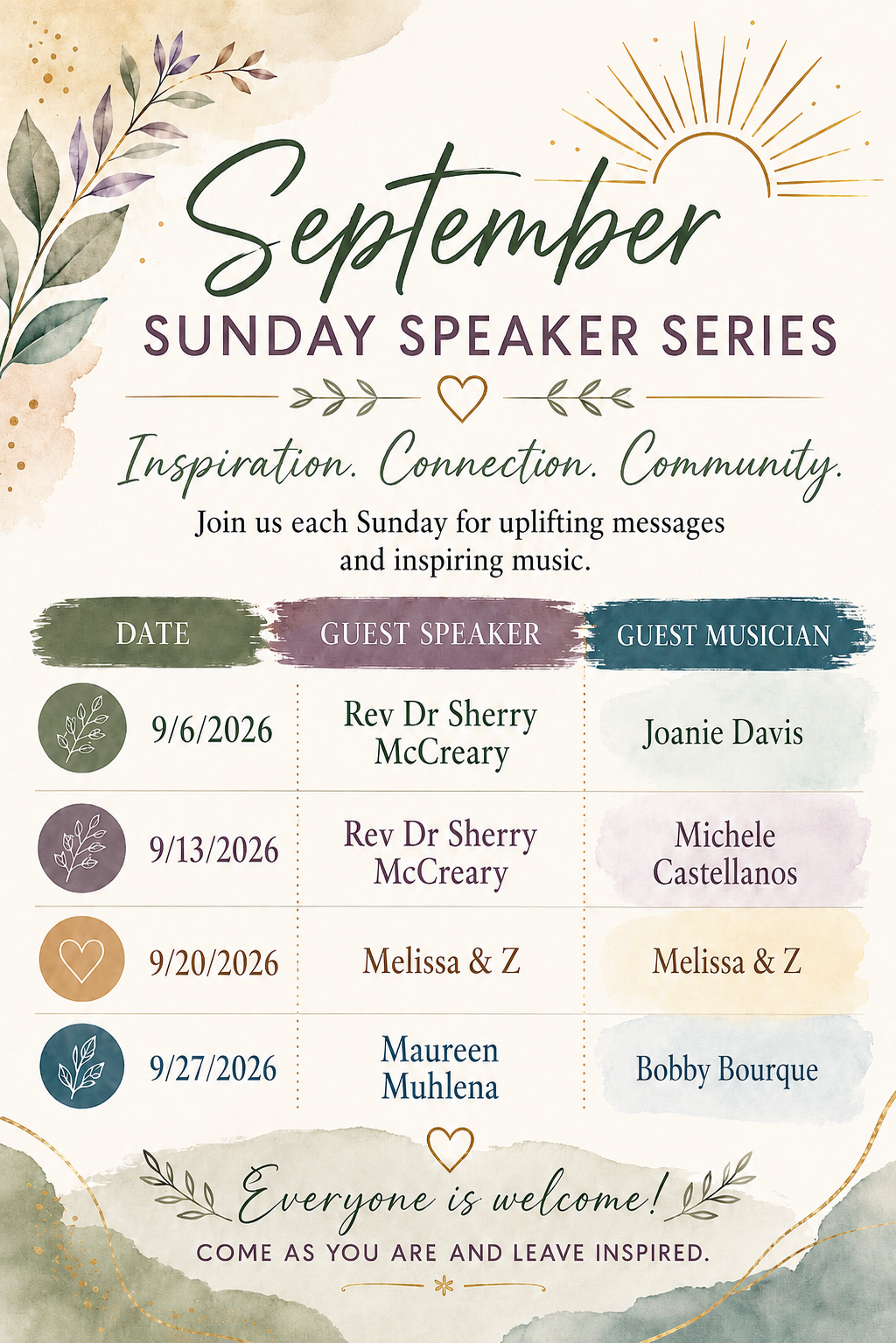 September Sunday Speaker and Musicians