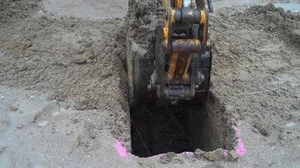  Dig A Hole, 2011, is a public performance intervention self-recorded by the artist in an under-construction environment where a swimming pool was being built. In a freezing and rainy day in Madrid the artist appears in a male-dominated working envir