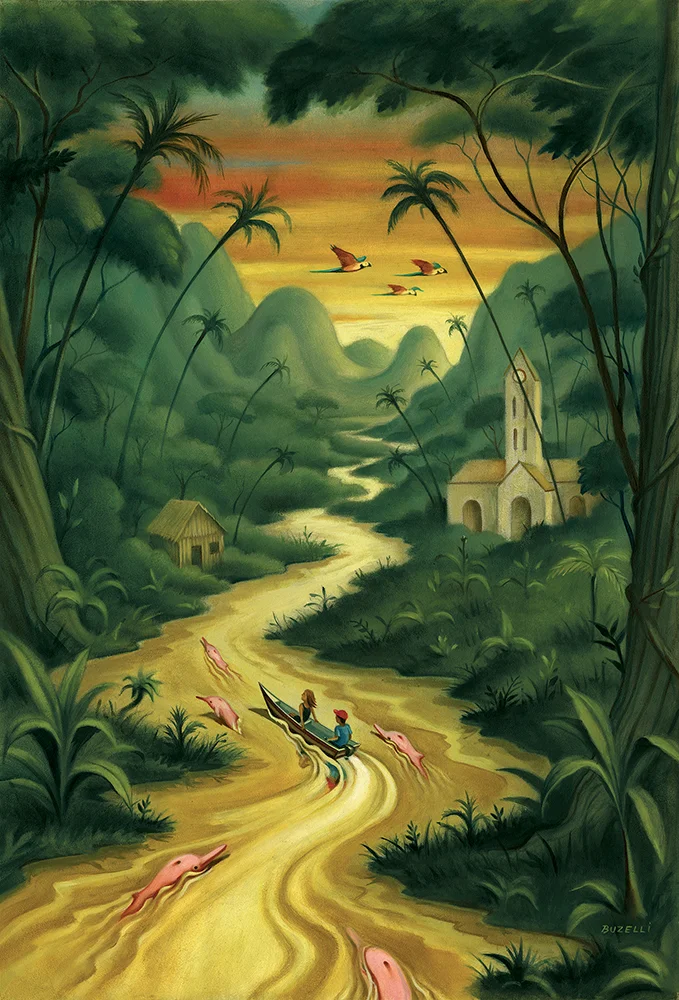 I was asked to illustrate the special Latin America cover for The Travel section of The New York Times. I concentrated on the article about the Peruvian Amazon with it's hidden town of Iquitos and pink river dolphins. 