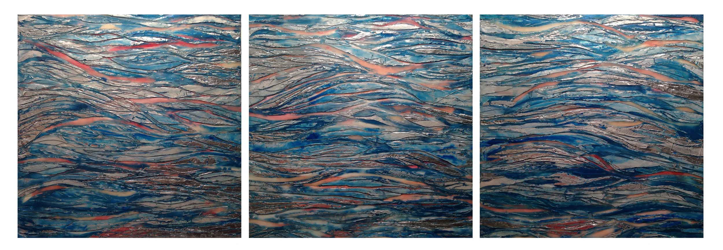 Maggie Simonelli Fire in the River , Meditations on the Hudson (sold) * Encaustic, water: Hudson River, eyeshadow: Sephora Color N° 13 Curacao Punch , Japanese coral, Chinese cinnabar, aluminum leaf, pigments and acrylic on floating birch panels TOTAL : 3 Panels : 18" h x 56 1/4” w * Exhibited in "Friends with Boats" Sara Nightingale Gallery