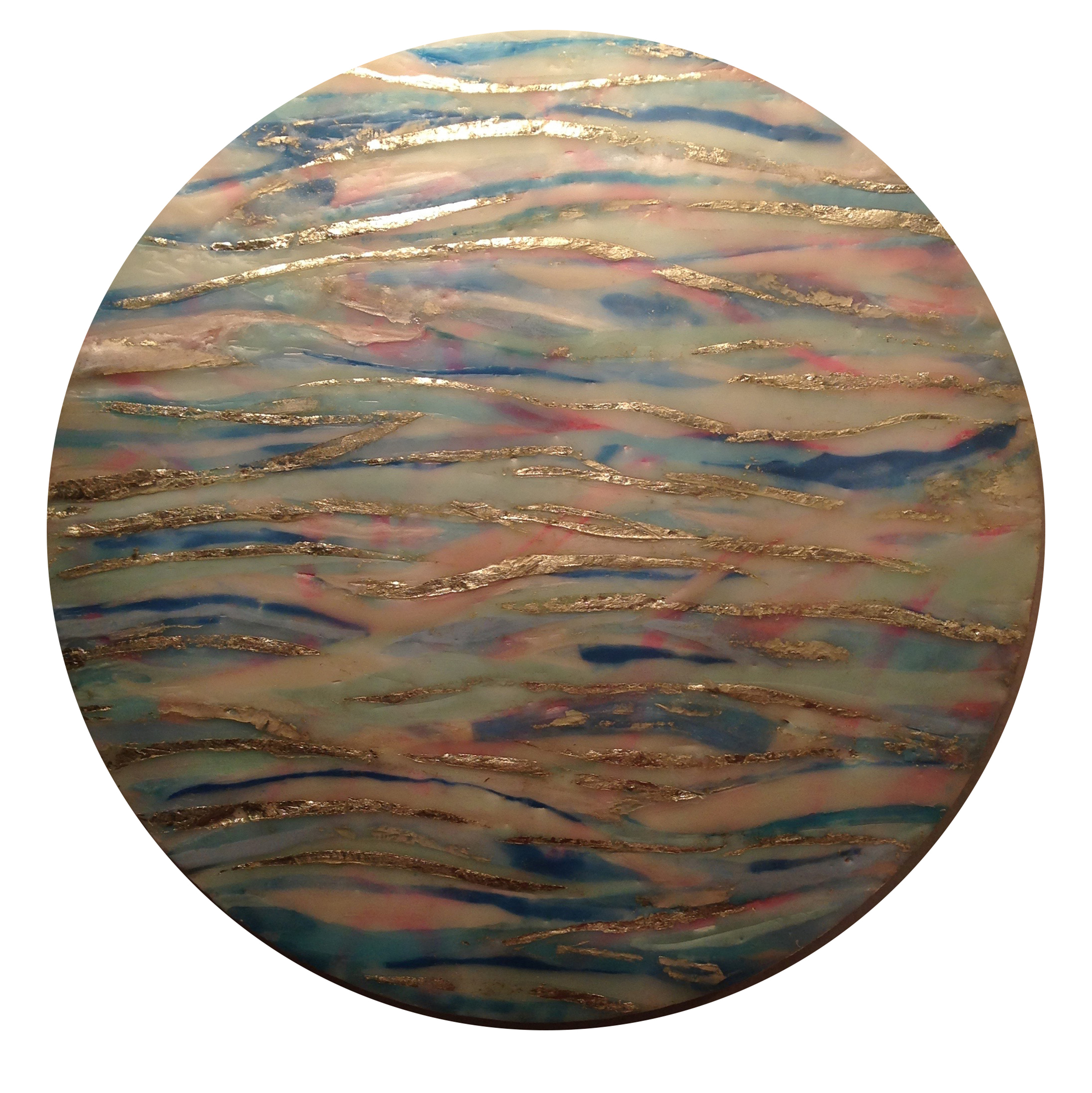 Pale Pearl Sea, The Birth of Venus by Maggie Simonelli Passion Fire series Encaustic (cosmetic grade beeswax), 16 kt pale gold leaf, crushed pearls, oyster shells, CHANEL 847 Envol eyeshadow, pigments, casein Mediterranean Sea water, Batroun, Lebanon, and lotus oil on birch panel 9” D