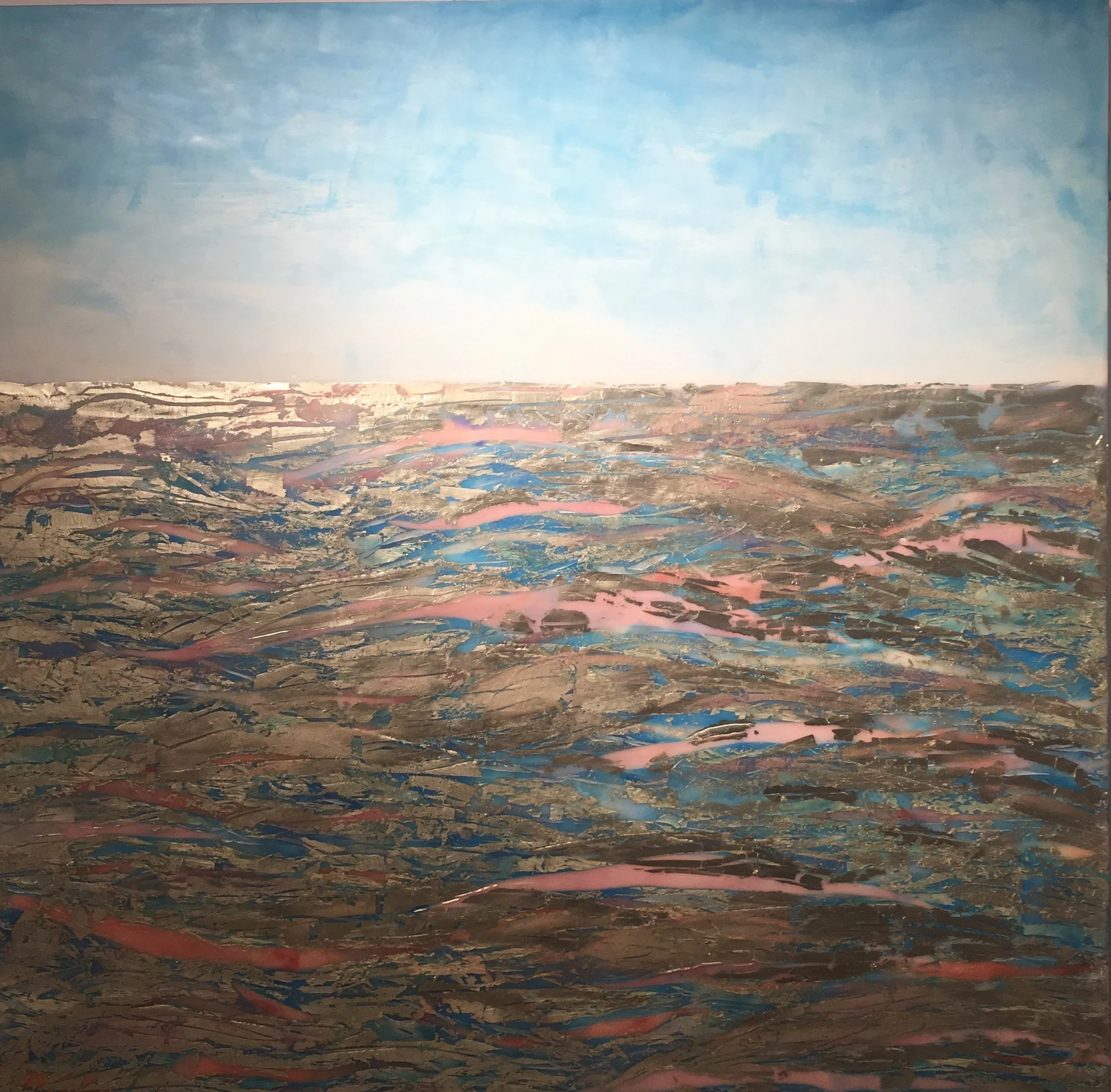 🌊 of ❤️ Sea of Love by Maggie SimonelliEncaustic, 16 kt pale gold leaf, Japanese coral, Japanese Iwamomo pink glass, Chinese cinnabar, CHANEL 96 Utopia eyeshadow, CHANEL 847 Envol eye shadow, pigments, acrylic under painting, and sea water on birch…