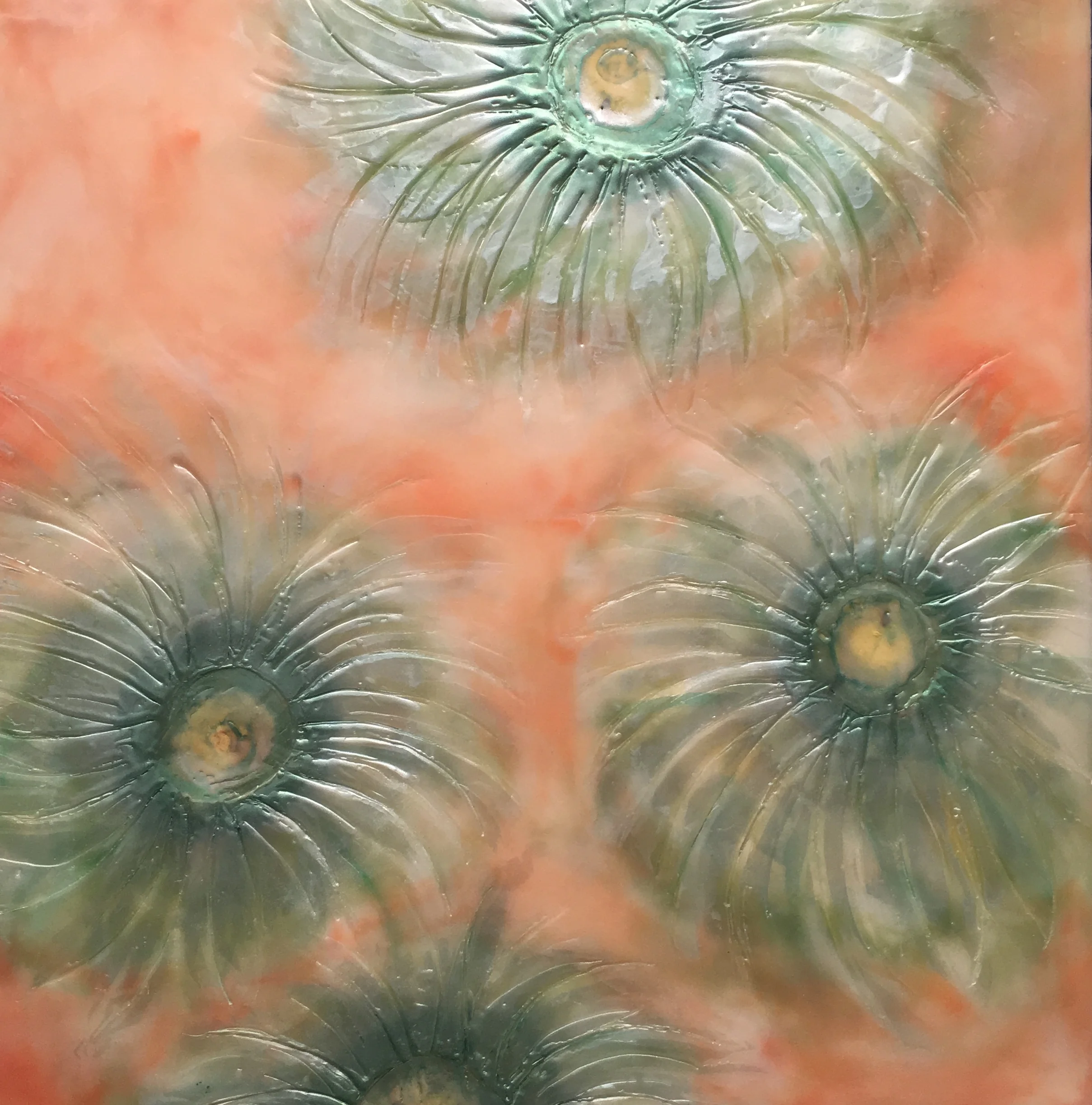 Coral & Sage, Wind and Grasses by Maggie Simonelli Encaustic, Japanese coral, Arabian malachite,16 kt pale gold leaf, bee pollen, eyeshadow and pigments on wood 20” x 20”
