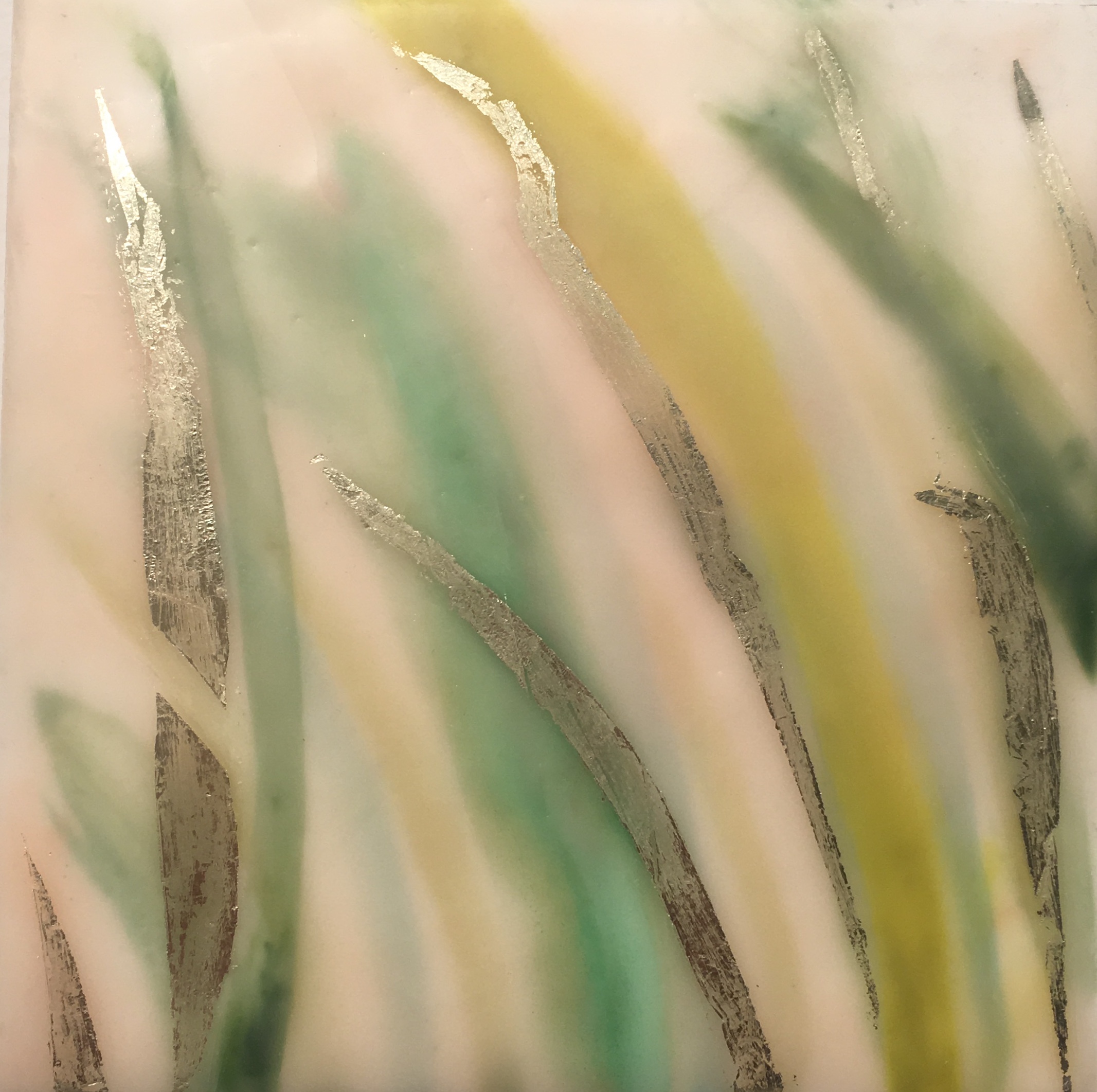 meditations #5, Wind and Grasses by Maggie Simonelli Encaustic, Japanese coral, Arabian malachite, Japanese Iwamomo (pink) glass pigment, 22 kt. gold leaf, 16 kt pale gold leaf, bee pollen, oxidizing copper leaf, eyeshadow and pigments on wood 8” x 8” * ** * Exhibited Wind & Grasses encaustic paintings by Maggie Simonelli at Gary Marotta Fine Art, 2017 Provincetown, MA ** Exhibited Summer artrtists encaustic paintings by Maggie Simonelli at Gary Marotta Fine Art, 2019 Provincetown, MA