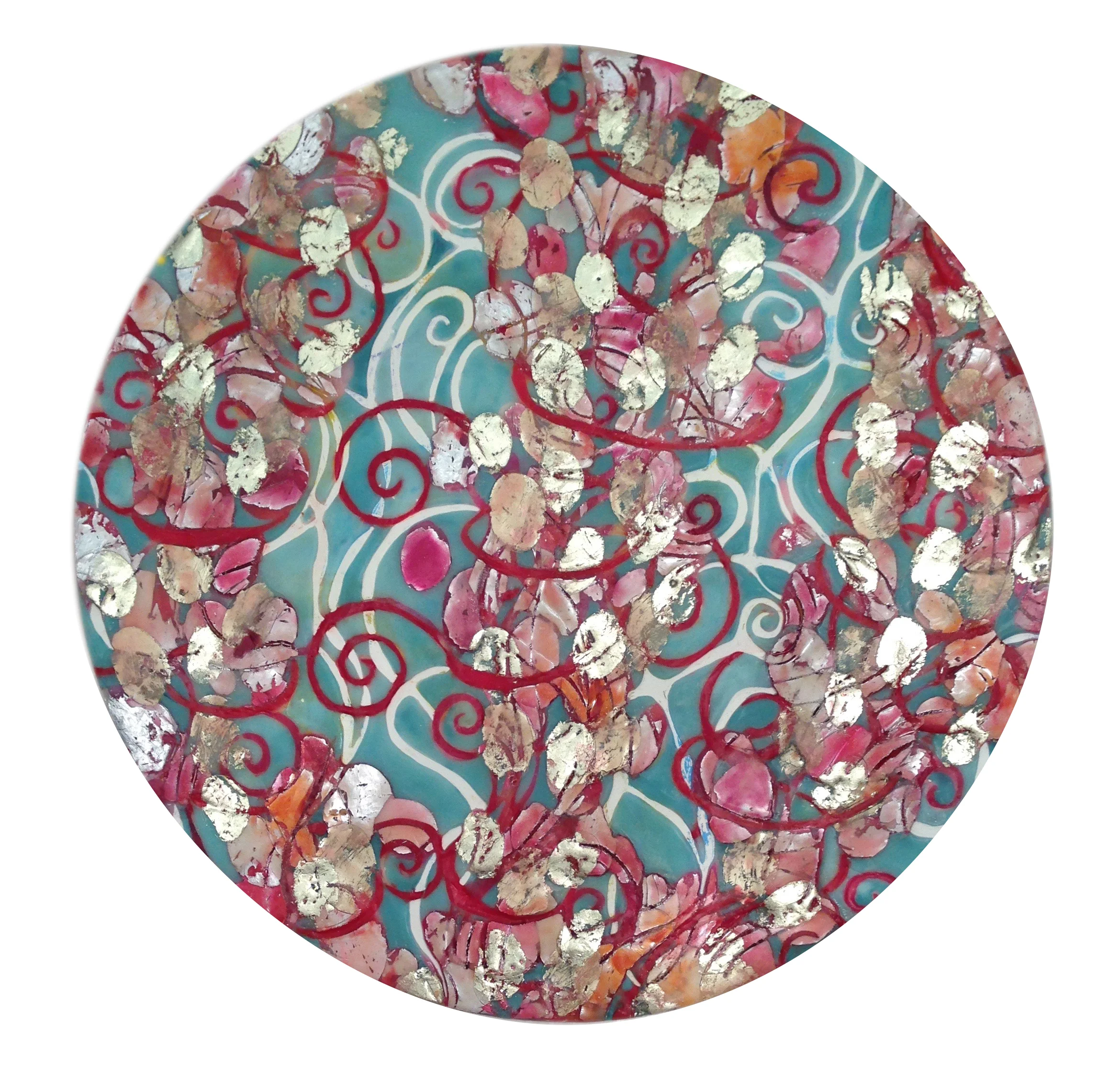 Rose Petal Kiss & Butterflies, Passion Fire series by Maggie Simonelli 2015 Encaustic, 16 kt pale gold leaf, cosmetics, Lipstick kiss: CHANEL Rouge Coco 31 Cambon Lipstick, sandalwood oil, pigments, and aluminum leaf on birch panel 20” Diameter (sold)