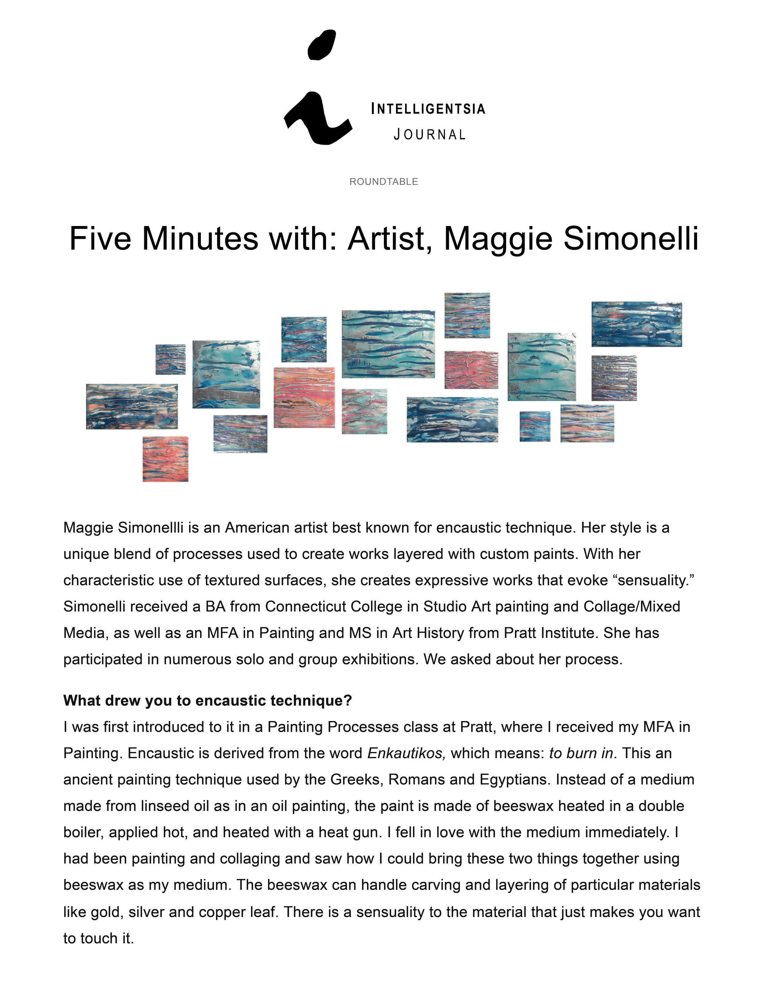 Five Minutes with artist Maggie Simonelli by Christina Spearman for Intelligentsia Journal