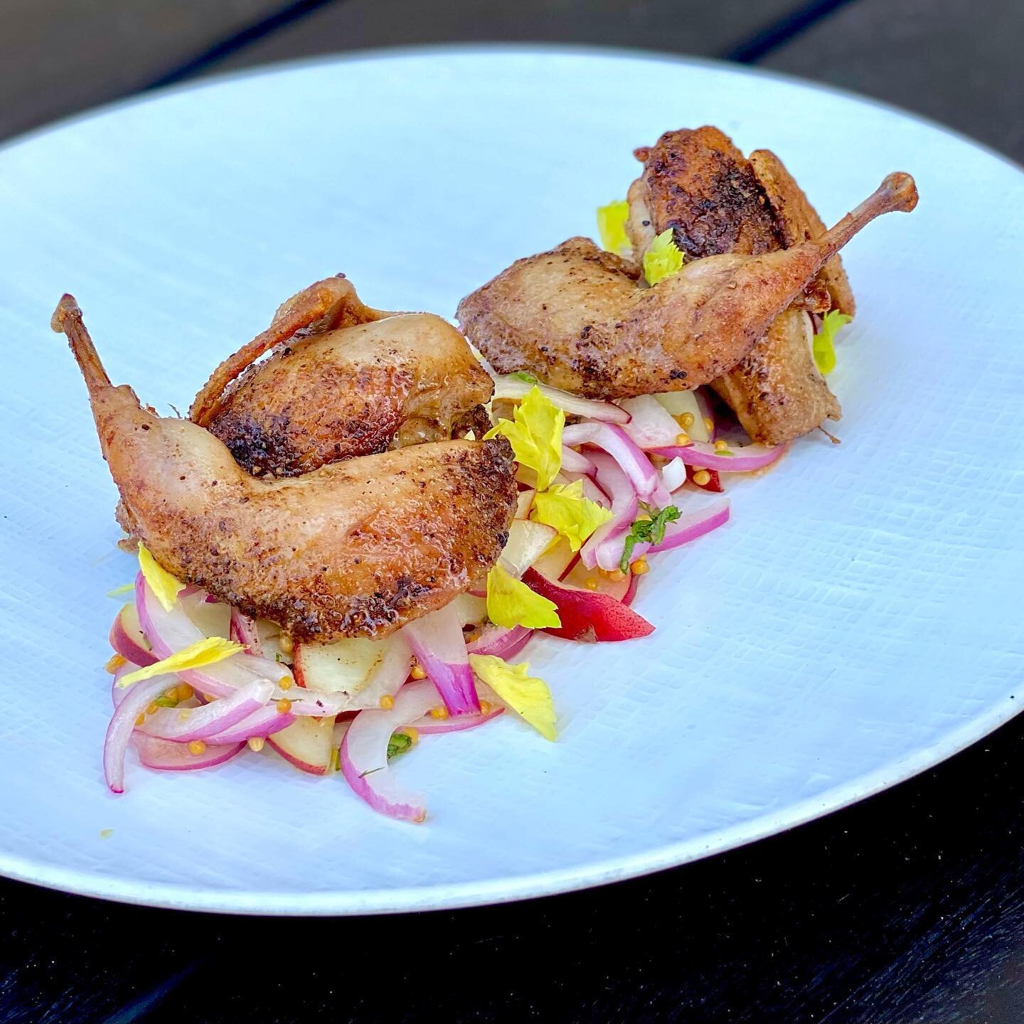 *Saturday Night Special**

Pan Seared Quail &bull; White Peach Mostardo &bull; Spiced Kewpie &bull; Pickled Fresnos 

Thank you @corvusfarm for the amazing birds! 

#quail #localfarms #saturdaynightspecial